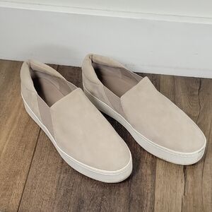 Vince Warren suede slip-on platform sneaker in a light taupe or beige color
